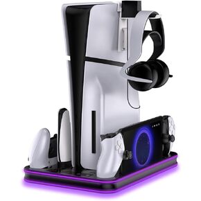 PS5 / PS5 Slim Stand and Cooling Station with RGB LED Controller Charging Station for Playstation 5 Console, PS Portal Charging Dock, PS5 / PS5 Slim Accessories with 3 Level Cooling Fan