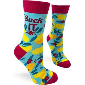 Suck It Women's Funny Saying Novelty Crew Socks with Yellow Lemons - Multicolor - 1 Pair, Fits Shoe Size 5-10