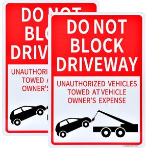 Do Not Block Driveway Sign, Unauthorized Vehicles Towed At Vehicle Owner's Expense Sign, 2 Pack 14x10 Inch Reflective Rustproof Aluminum, UV Protected, Weather Resistant, Waterproof, Easy Mount.