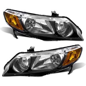 Headlights Assembly Compatible with 2006 2007 2008 2009 2010 2011 Honda Civic 4-Door Sedan Headlamp Replacement for 06-11 Civic 4DR Clear Lens Black Housing with Amber Reflector