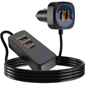 Rear Seat Car USB Charger Multi Port with 5.9FT Extension, 76W Fast Charging QC3.0 USB C