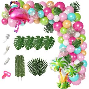 132Pcs Tropical Flamingo Balloons Garland Kit, Flamingo Foil Balloons Green Pink Aqua Blue Confetti Balloons Palm Leaves Baby Shower Hawaiian Luau Birthday Party Decorations Supplies
