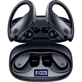 GNMN Wireless Earbuds Bluetooth Headphones Over Ear Buds 90H Playback IPX7 Waterproof Sports Earphones Deep Bass with Wireless Charging Case Dual LED Power Display Earhooks Headset for Running White