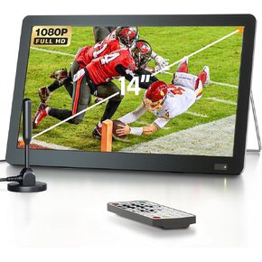 Desobry 14 inch PortableTV with Antenna, Portable Small TV with ATSC Tuner,Rechargeable Battery Operated Mini TV LCD Monitor 1080P,Built-in TV Stand,HDMI Input,USB,AV in,Supports Camping,Kitchen,Car