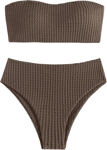 MakeMeChic Women's Two Piece Bandeau Swimsuit Lace Up High Waisted Bikini Sets Ribbed Textured Bathing Suit in Saudi Arabia
