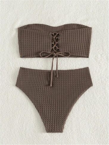 MakeMeChic Women's Two Piece Bandeau Swimsuit Lace Up High Waisted Bikini Sets Ribbed Textured Bathing Suit in Saudi Arabia