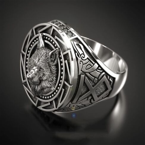 SixTwo 925 Sterling Silver Vintage Men's Ring Wolf Totem Thai Silver Ring Nordic Mythology Viking Warrior Wolf Head Ring Hip hop Party Ring Animal Zodiac Ring for Men ST.070 (8) in Saudi Arabia