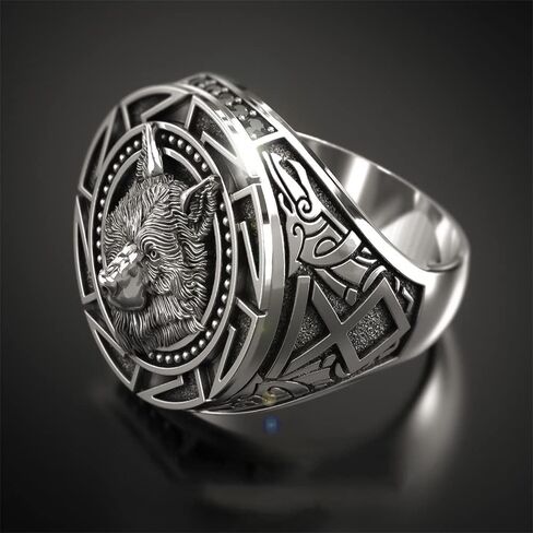 SixTwo 925 Sterling Silver Vintage Men's Ring Wolf Totem Thai Silver Ring Nordic Mythology Viking Warrior Wolf Head Ring Hip hop Party Ring Animal Zodiac Ring for Men ST.070 (8) in Saudi Arabia