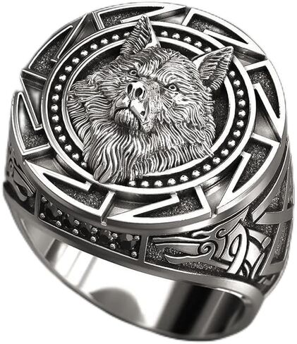 SixTwo 925 Sterling Silver Vintage Men's Ring Wolf Totem Thai Silver Ring Nordic Mythology Viking Warrior Wolf Head Ring Hip hop Party Ring Animal Zodiac Ring for Men ST.070 (8) in Saudi Arabia