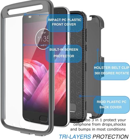 Tekcoo Holster Clip Case for Moto Z2 Force/Motorola Moto Z2 Play, [Tshell] Shock Absorbing [Built-in Screen] Secure Swivel Locking Belt Defender Full Body Kickstand Carrying Sturdy Cover -Gray in Saudi Arabia