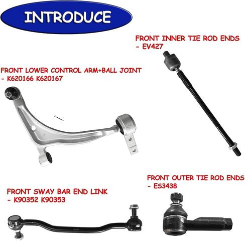 طقم تعليق أمامي 8 قطع، ذراع التحكم السفلي، وصلات كروية داخلية، قضيب ربط خارجي، مثبت، روابط شريط التأثير K620166، K90353، EV427، بديل لـ 2002-2006، ألتيما 2004-2008، ماكسيما، جميع الموديلات in Kuwait