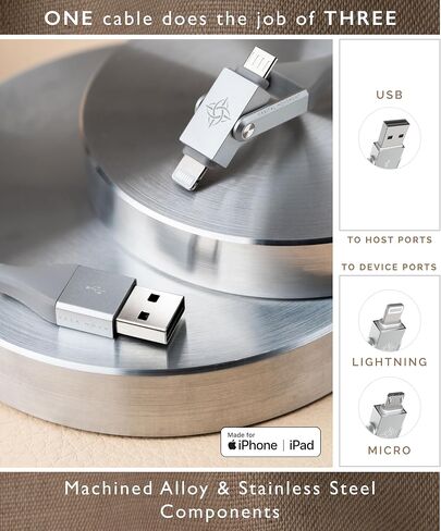 Chimera 3-in-1 MFi Certified USB to LIGHTNING & MICRO multi-cable, Fast Charging-Data Transfer Cord for Apple, iPhone, iPad, iMac, and USB accessories, No Additional Adapters Needed | 4ft (Silver) in Saudi Arabia