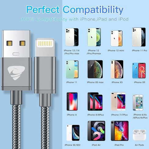 كابل شاحن هاتف WXX 3 عبوات بطول 3 أقدام، [معتمد من MFi] كابل Lightning سلك شاحن iPhone مجدول من النايلون شحن سريع ومزامنة لهاتف iPhone 14/13/12/11Pro Max/11Pro/11/XS/Max/XR/X/8/8P/7 رمادي in Saudi Arabia