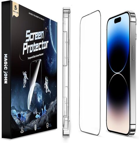 واقي شاشة من الزجاج المقوى MAGIC JOHN مكون من قطعتين لهاتف iPhone 14 Pro مقاس 6.1 بوصة، خالٍ من الفقاعات، متوافق مع الجزيرة الديناميكية، شفاف عالي الدقة، سهل التركيب، مضاد للخدش، صديق للحافظة in Kuwait
