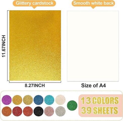 T390 Glitter Card stock Paper, 39 Pages, 13 Colors Glitter Paper for Crafts, Birthday and Wedding Party decorations, Gift Box packing and Other DIY Projects, 250GSM in Saudi Arabia