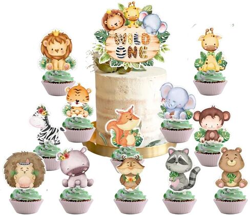 13pc Wild One Animal Jungle Safari Happy Birthdays Cake Cupcake Birthday Toppers Party Supplies Decoration for Babies Cake Toppers in Saudi Arabia