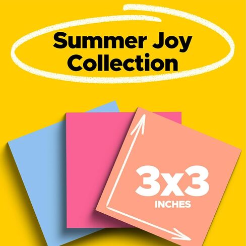 Post-it Super Sticky Notes, 3 Sticky Note Pads, 3 x 3 in., School Supplies for Students, Ideal for Textbooks, Notebooks, Walls and Vertical Surfaces, Summer Joy Collection in Saudi Arabia