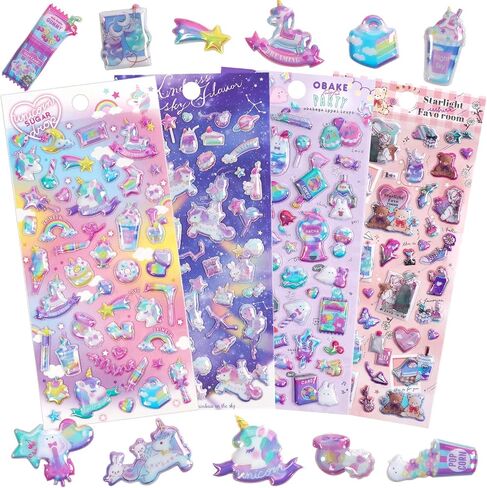 3D Puffy Unicorns Rainbow Stickers for Girls Kids | Cute Sparkle Stars Moons Clouds and Candy Stickers for Phone Cases, Laptops, Party Favors | 4 Sheets Puff Stickers. in Saudi Arabia