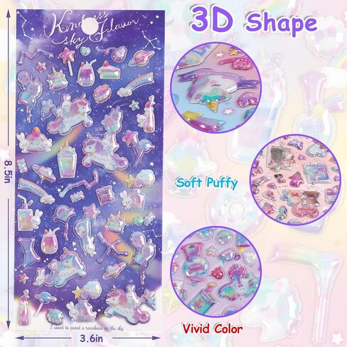 3D Puffy Unicorns Rainbow Stickers for Girls Kids | Cute Sparkle Stars Moons Clouds and Candy Stickers for Phone Cases, Laptops, Party Favors | 4 Sheets Puff Stickers. in Saudi Arabia