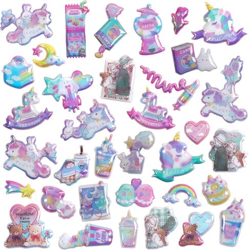 3D Puffy Unicorns Rainbow Stickers for Girls Kids | Cute Sparkle Stars Moons Clouds and Candy Stickers for Phone Cases, Laptops, Party Favors | 4 Sheets Puff Stickers. in Saudi Arabia