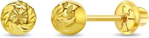 14K Yellow Gold Young Girl's Round Diamond Cut Ball Screw Back Earring Studs for Young Girls & Preteens - Cute Ball Earrings with Safety Screw Back Locking for Children in Saudi Arabia