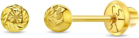 14K Yellow Gold Young Girl's Round Diamond Cut Ball Screw Back Earring Studs for Young Girls & Preteens - Cute Ball Earrings with Safety Screw Back Locking for Children in Saudi Arabia