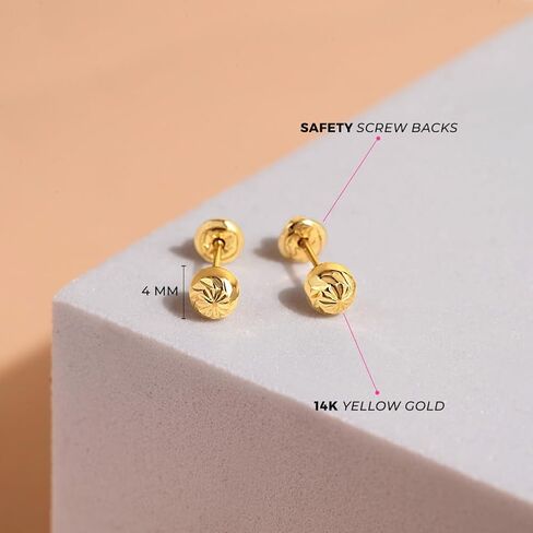 14K Yellow Gold Young Girl's Round Diamond Cut Ball Screw Back Earring Studs for Young Girls & Preteens - Cute Ball Earrings with Safety Screw Back Locking for Children in Saudi Arabia