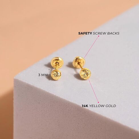 14K Yellow Gold Young Girl's Round Diamond Cut Ball Screw Back Earring Studs for Young Girls & Preteens - Cute Ball Earrings with Safety Screw Back Locking for Children in Saudi Arabia