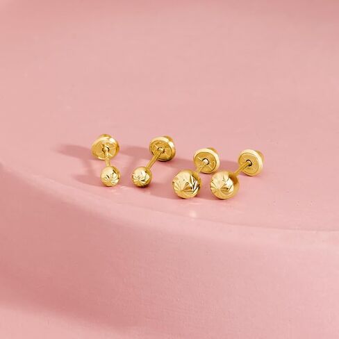 14K Yellow Gold Young Girl's Round Diamond Cut Ball Screw Back Earring Studs for Young Girls & Preteens - Cute Ball Earrings with Safety Screw Back Locking for Children in Saudi Arabia