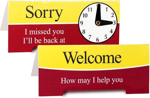 SmartSign “Sorry - I Missed You, I'll Be Back at (with manually Adjustable PVC Vinyl Clock Hands) / Welcome - How May I Help You" Two Sided Be Back Clock Sign | 3.33" x 7.75" Plastic in Saudi Arabia