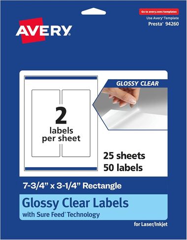 Avery Glossy Clear Rectangle Labels with Sure Feed, 7.75" x 3.25", 100 Glossy Clear Labels, Print-to-The-Edge, Laser/Inkjet Printable Labels in Saudi Arabia