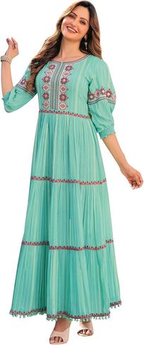 ladyline Womens Viscose 3-Tier Long Maxi Dress Gown Handwork Embroidery Balloon Sleeves Boho Flaired A-Line in Kuwait