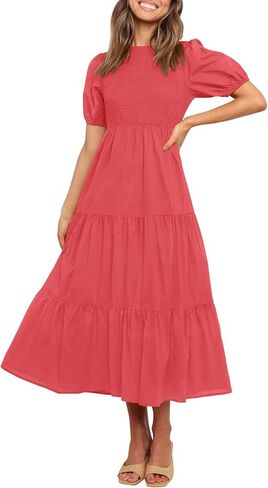 فستان ZESICA للسيدات 2024 صيفي كاجوال برقبة دائرية وأكمام قصيرة منتفخة وخصر عالٍ وكشكشة متدرجة على شكل حرف A متوسط ​​الطول in Kuwait