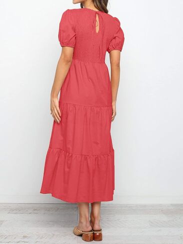 فستان ZESICA للسيدات 2024 صيفي كاجوال برقبة دائرية وأكمام قصيرة منتفخة وخصر عالٍ وكشكشة متدرجة على شكل حرف A متوسط ​​الطول in Kuwait