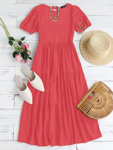 فستان ZESICA للسيدات 2024 صيفي كاجوال برقبة دائرية وأكمام قصيرة منتفخة وخصر عالٍ وكشكشة متدرجة على شكل حرف A متوسط ​​الطول in Kuwait