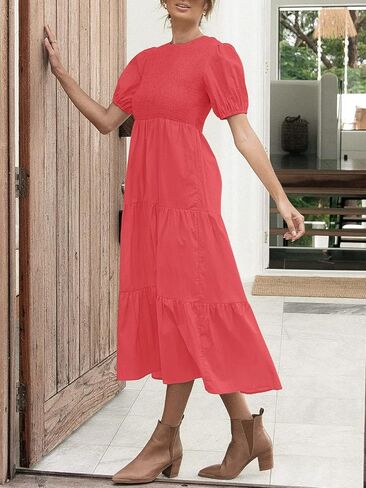 فستان ZESICA للسيدات 2024 صيفي كاجوال برقبة دائرية وأكمام قصيرة منتفخة وخصر عالٍ وكشكشة متدرجة على شكل حرف A متوسط ​​الطول in Kuwait