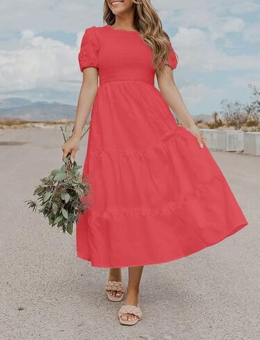 فستان ZESICA للسيدات 2024 صيفي كاجوال برقبة دائرية وأكمام قصيرة منتفخة وخصر عالٍ وكشكشة متدرجة على شكل حرف A متوسط ​​الطول in Kuwait