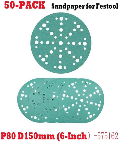 50 Pack-575162 Granat P80 Grit 6-Inch (150mm) Diameter Abrasive Sanding Discs,49 Hole Sandpaper for Random Orbital Sanders-Heavy-Duty Hook & Loop Film Discs-Compatible with Festool Sanders 575162 in Saudi Arabia