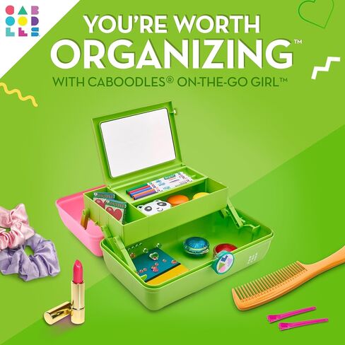 Caboodles On-The-Go Girl Makeup Box, Two-Tone Pink on Neon Green, Hard Plastic Makeup Organizer Box, Built-In Mirror, Secure Latch for Safe Travel, Spacious Storage for Large Items in Kuwait
