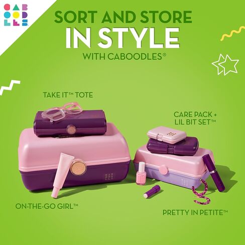 Caboodles On-The-Go Girl Makeup Box, Two-Tone Pink on Neon Green, Hard Plastic Makeup Organizer Box, Built-In Mirror, Secure Latch for Safe Travel, Spacious Storage for Large Items in Kuwait