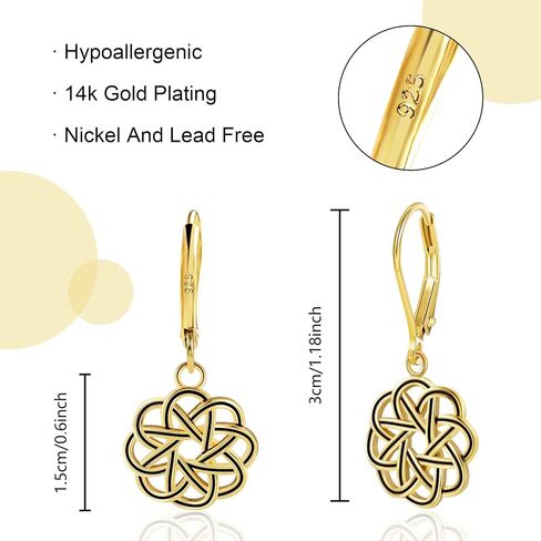 925 Sterling Silver Dangle Drop Earrings for Women girls, 14K Gold Trendy Celtic Knot Leverback Dangle Earrings, Lightweight Hypoallergenic Jewelry Gifts in Saudi Arabia