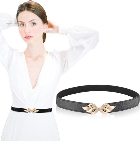Women Elastic Belt, Gold Flat BuckleLadies Waist Belts Skinny Dresses Retro Stretch Waistband for Jeans Pants Dress in Saudi Arabia