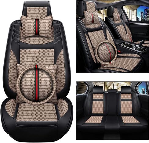 Car Seat Cover Full Set, Soft Breathable Universal Seat Cover with Neck Pillows Lumbar Pillows Steering Wheel Cover for 5Seats Cars SUV Pickup Trucks (Beige) in Saudi Arabia