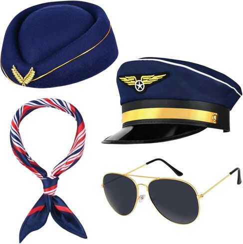 مجموعة أزياء مضيفة الطيار تشمل قبعة الكابتن وقبعة مضيفات الطيران ووشاح النظارات الشمسية لفستان مضيفة الطيار in Kuwait