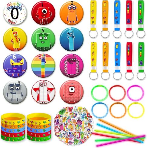 Number Birthday Party Supplies Blocks Birthday Party Decorations,Includes Bracelets,Button Pins,Key Chain,Glow Stick,Stickers,Number themed Blocks Party Favors in Saudi Arabia