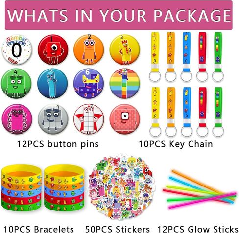 Number Birthday Party Supplies Blocks Birthday Party Decorations,Includes Bracelets,Button Pins,Key Chain,Glow Stick,Stickers,Number themed Blocks Party Favors in Saudi Arabia