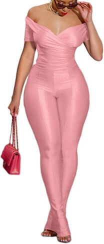 ThusFar Off the Shoulder Jumpsuits for Women Wrap V-Neck High Waist Skinny Flared Pants Club Outfits Y2k Set in Saudi Arabia