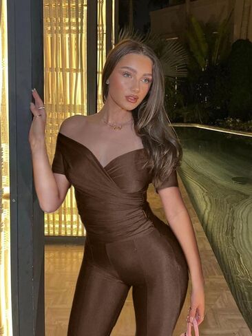 ThusFar Off the Shoulder Jumpsuits for Women Wrap V-Neck High Waist Skinny Flared Pants Club Outfits Y2k Set in Saudi Arabia