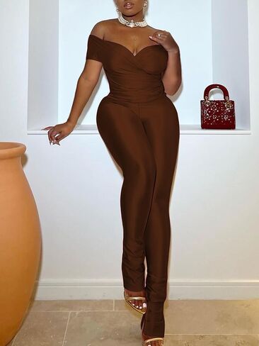 ThusFar Off the Shoulder Jumpsuits for Women Wrap V-Neck High Waist Skinny Flared Pants Club Outfits Y2k Set in Saudi Arabia