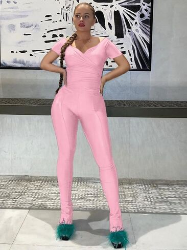 ThusFar Off the Shoulder Jumpsuits for Women Wrap V-Neck High Waist Skinny Flared Pants Club Outfits Y2k Set in Saudi Arabia